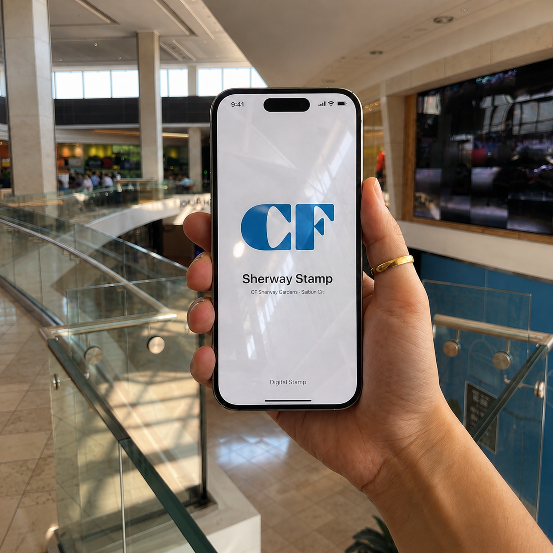 The app opened in the mall, showing the Sherway Stamp splash
