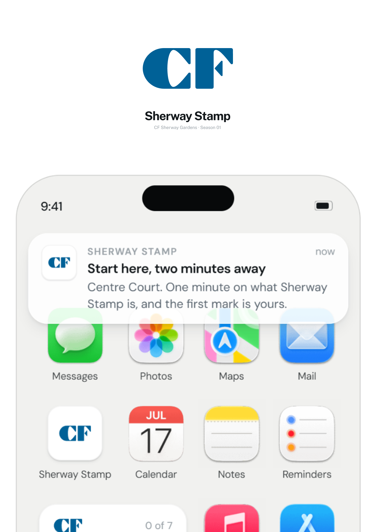 Lock screen prompt pointing to the first stamp two minutes away