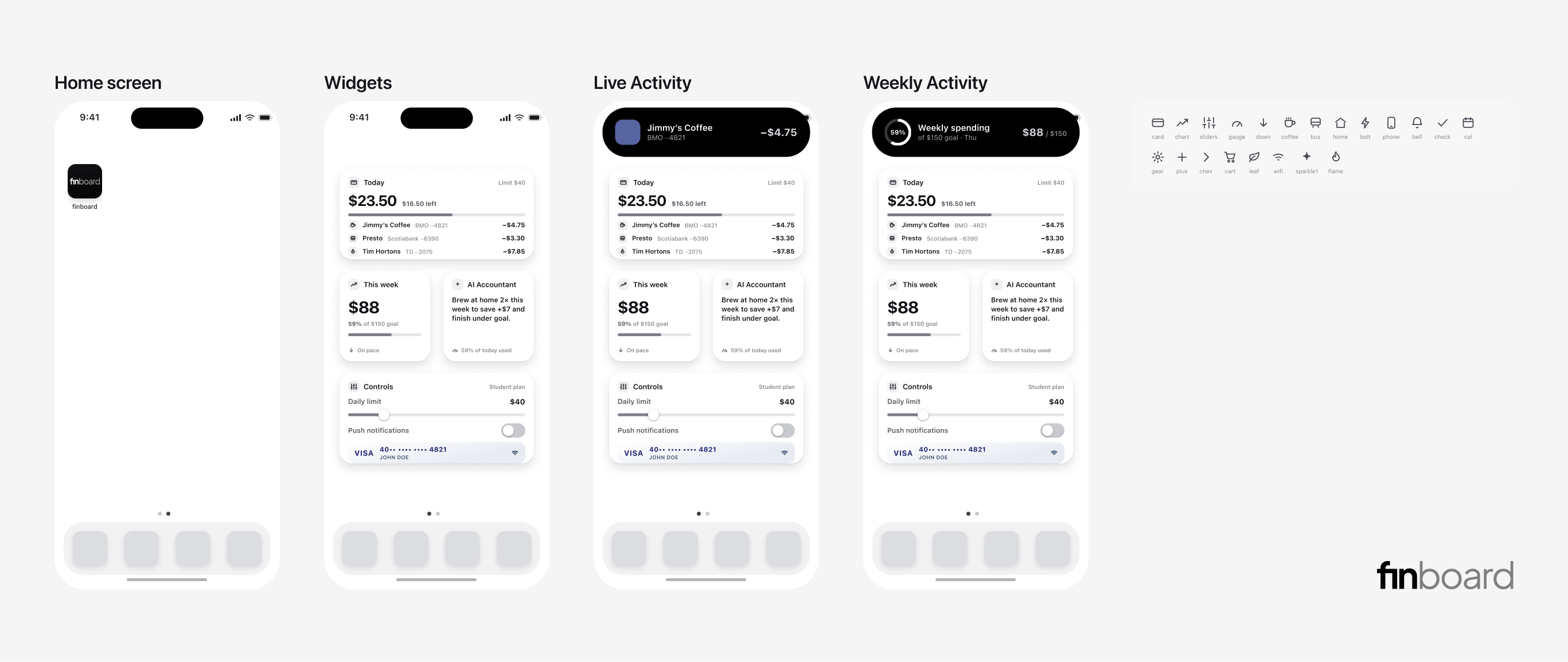 High-fidelity: Home Screen, widget stack, Live Activity and Weekly Activity on the Dynamic Island, beside the icon component set