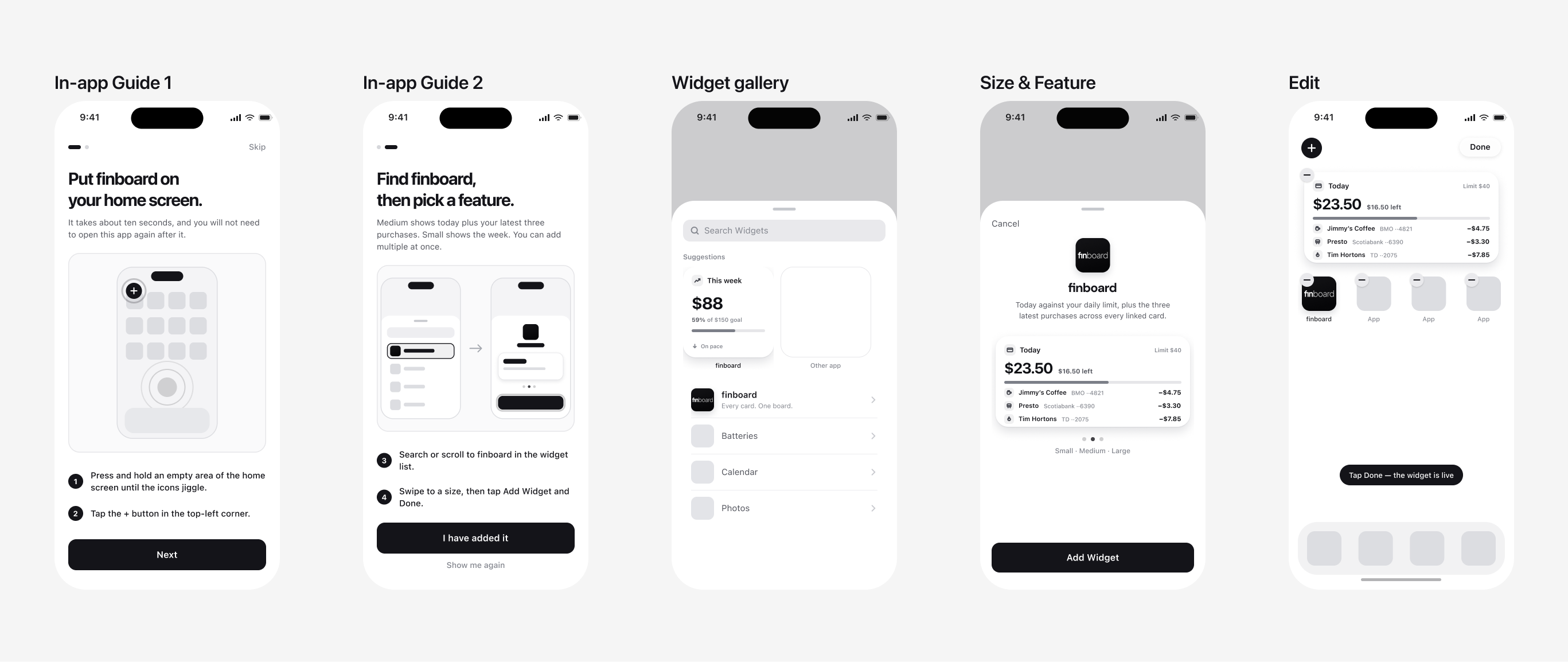 High-fidelity onboarding: two in-app guide screens, the iOS widget gallery, size and feature selection, and the edit state