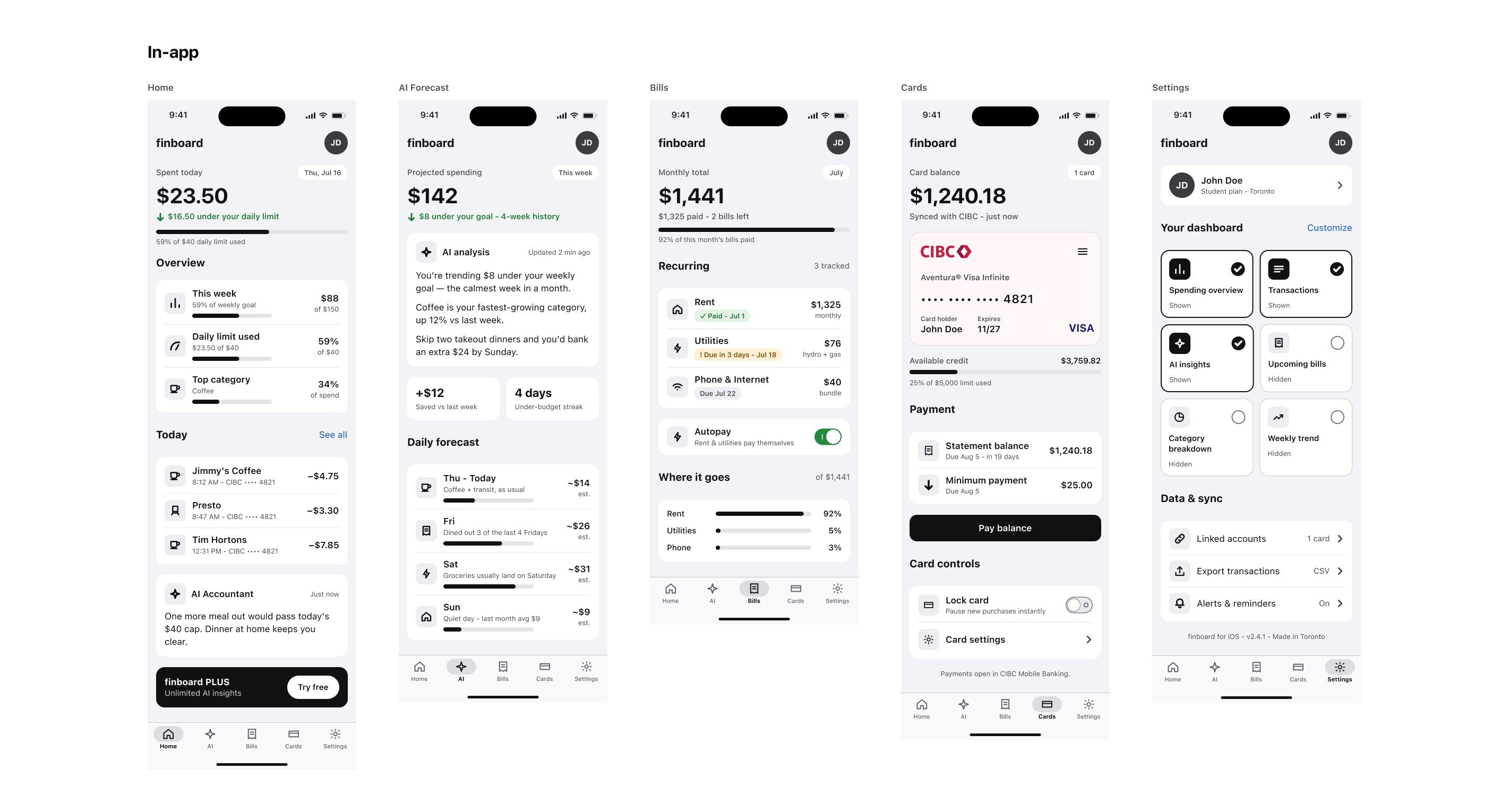 Corrected in-app screens across Home, AI Forecast, Bills, Cards and Settings