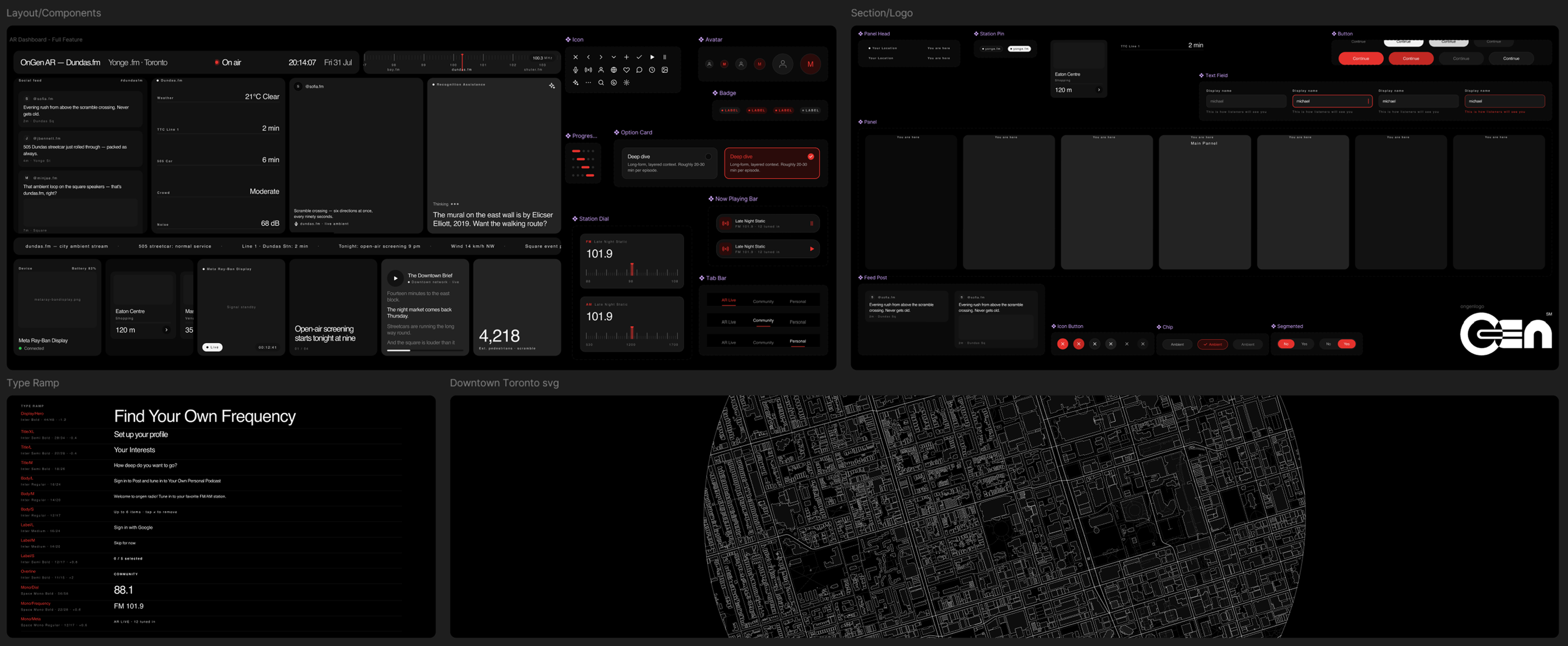 Figma design system: dashboard, components, type ramp, and the downtown Toronto map