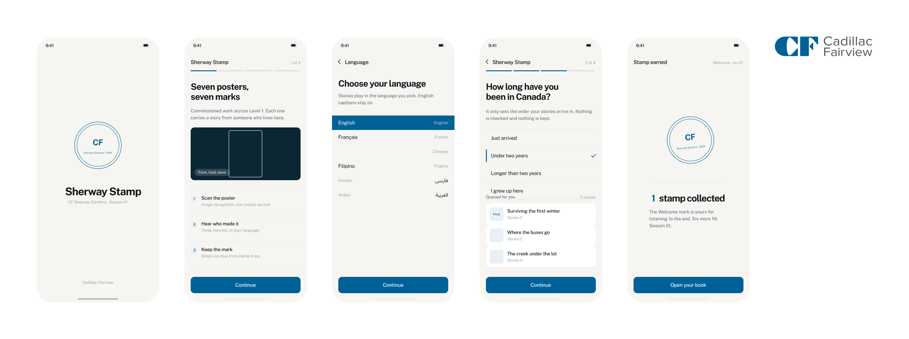 High-fidelity onboarding: splash, what the service is, language picker, time-in-Canada question, and the first stamp earned
