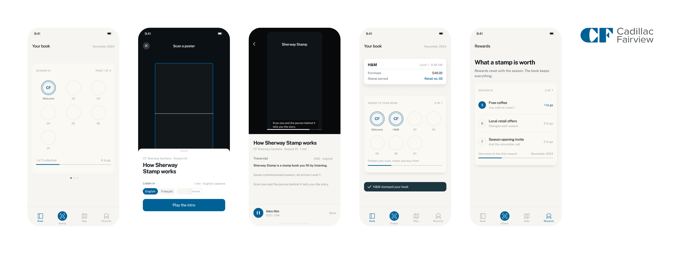 High-fidelity core loop: the stamp book, poster scan, story playback with transcript, a retail stamp, and the rewards screen